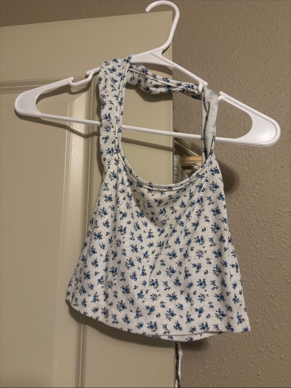 Women's White Ribbed Halter Crop Top with Blue Floral Print